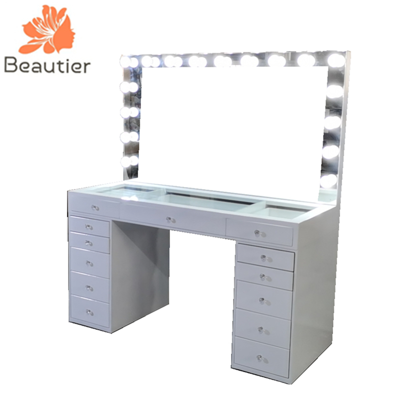 DT1086 high glossy White varnishing make up table with mirror and light