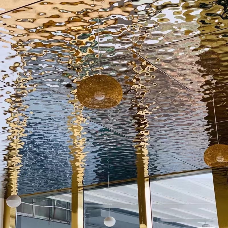 Luxury design Beauty salon decoration stainless steel ripple mirrored ceiling